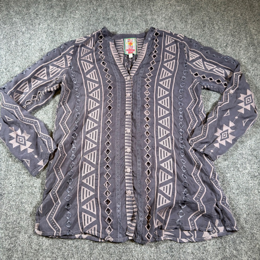 Johnny Was Jaxon Top Womens Small Gray Embroidered Boho Long Sleeve Tunic